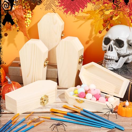 Sintuff 12 Pieces Unfinished Halloween Coffin Boxes with 10 Art Brushes 6 Inch Unfinished Wood Funeral Treasure Chest with Locking Clasp for