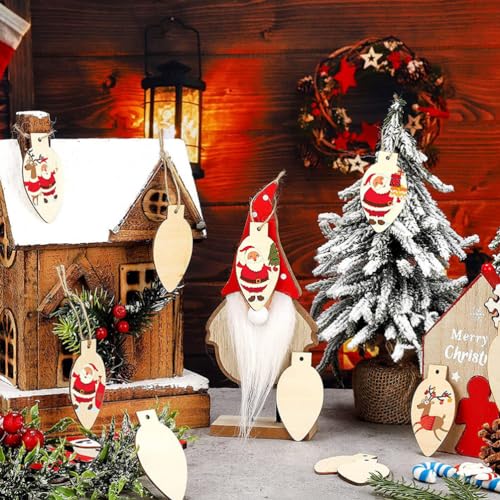 ABOOFAN Light Bulb Wood Cutouts 100pcs Christmas Unfinished Light Bulbs with Ropes Light Bulb Slices Discs Tags for DIY Crafts Xmas Hanging Ornaments