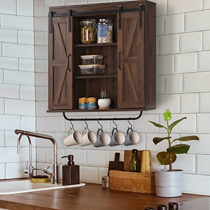 RUSTOWN Rustic Wood Wall Storage Cabinet with Two Sliding Barn Door, 3-Tier Decorative Farmhouse Vintage Cabinet for Kitchen Dining, Bathroom, Living