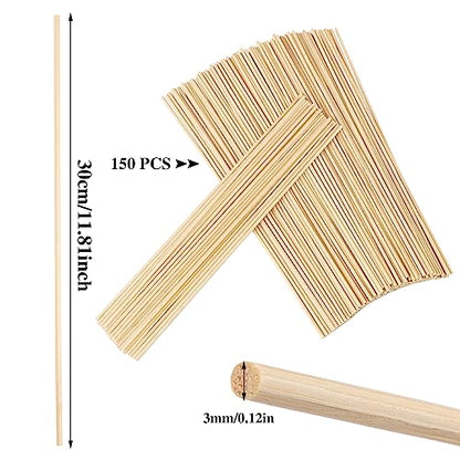 150 Pcs Dowel Rods, 1/8 x 12 Inch Wooden Dowels Craft Wood Sticks Unfinished Natural Bamboo Dowling Rods for Crafts and DIYers
