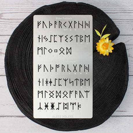 Aleks Melnyk No.409 Metal Stencil, Elder Futhark and Anglo-Saxon Runes 0.5in, Ancient Alphabet, Sigil Magic Alphabet Stencil 1 PC, Template Wood Aleks Melnyk