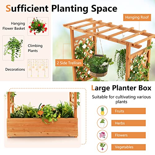 S AFSTAR Raised Garden Bed with Arch Trellis, Wood Planter Box with Hanging Roof, Side Trellis, 4 Drainage Holes, Above Ground Elevated Garden Bed - WoodArtSupply