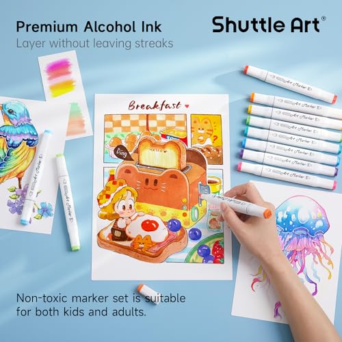 Shuttle Art 240 Colors Alcohol Markers, 239 Colors Dual Tip Art Marker Set Plus Colorless Blender, Micro-tip Pens, White Highlighter Pens, Marker Bag