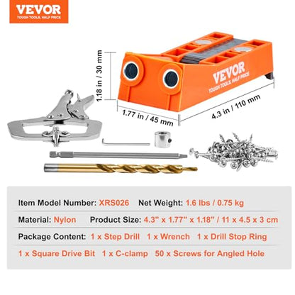 VEVOR Pocket Hole Jig, 56 Pcs Mini Jig Pocket Hole System with 9" C-clamp, Step Drill, Wrench, Drill Stop Ring, Square Drive Bit, and Screws, for DIY - WoodArtSupply