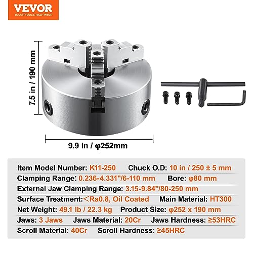 VEVOR 3-Jaw Lathe Chuck, 10'', Self-Centering Lathe Chuck, 0.24-9.84 in/6-250 mm Clamping Range with T-key Fixing Screws Hexagon Wrench, for Lathe 3D VEVOR