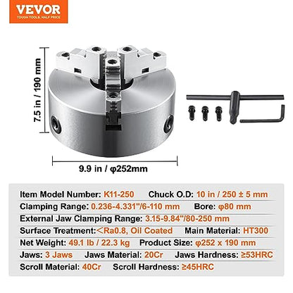 VEVOR 3-Jaw Lathe Chuck, 10'', Self-Centering Lathe Chuck, 0.24-9.84 in/6-250 mm Clamping Range with T-key Fixing Screws Hexagon Wrench, for Lathe 3D - WoodArtSupply