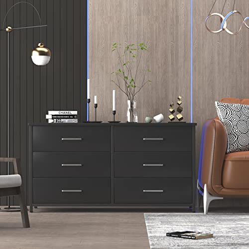 IKENO 6 Drawer Double Dresser, Industrial Wood Dresser for Bedroom, Storage Cabinet with Sturdy Steel Frame - WoodArtSupply