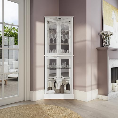 BELLEZE Lighted Accent Corner Display Curio Cabinet with Tempered Glass Doors and Shelves, Classic Wood Cabinet w/Bulb, Corner Curio Storage Rack for BELLEZE