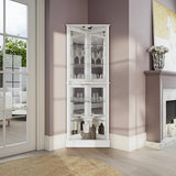BELLEZE Lighted Accent Corner Display Curio Cabinet with Tempered Glass Doors and Shelves, Classic Wood Cabinet w/Bulb, Corner Curio Storage Rack for BELLEZE