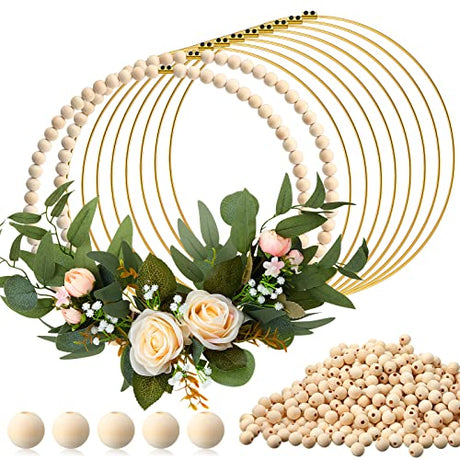 Huquary 10 Sets Wood Beads Wreath Wooden Hoops for Crafts Metal Rings for Crafts 10 Pcs 12 Inch Metal Floral Hoop Ring with 800 Pcs Wooden Beads for Huquary