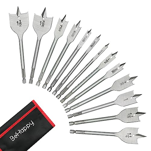 BeHappy 13 Piece Spade Drill Bit Set, Wood Drill Bit Set, Paddle Flat Bit Sets for Woodworking, Carbon Steel Paddle Flat Bit with Quick Change Shank, BeHappy