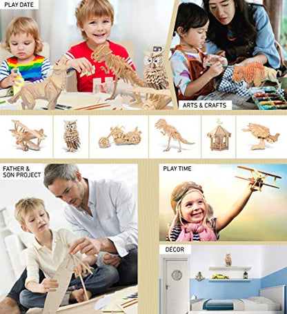 Puzzled Bundle of Owl, Wolf and Buffalo Wooden 3D Puzzle Construction Kits, Fun Unique and Educational DIY Wild Animals Toys Assemble Model