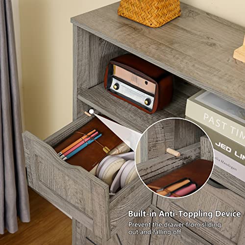 WEENFON Floor Storage Cabinet with 2 Adjustable Drawers & 2 Barn Doors, Standing Cupboard with 2 Shelf, for Living Room, Home Office, Kitchen, Grey WEENFON