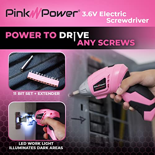 Pink Power 3.6V Cordless Electric Screwdriver Rechargeable Electronic Mini Automatic Gyroscopic Screw Gun Kit for Home - with Battery Indicator LED - WoodArtSupply