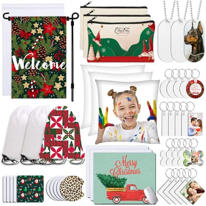 77PCS Sublimation Blanks Products, MAPVOLU Christmas Ornaments Crafts Sublimation Starter Kit with Instruction Manual, Blank Makeup Bags, Backpack,