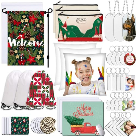77PCS Sublimation Blanks Products, MAPVOLU Christmas Ornaments Crafts Sublimation Starter Kit with Instruction Manual, Blank Makeup Bags, Backpack, MAPVOLUT