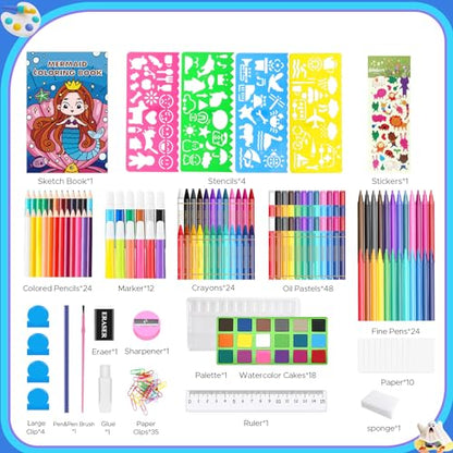 homicozy Art Supplies for Kids Ages 4-12,Mermaid Drawing Sets Art Case,Coloring Kits with Double Sided Trifold Easel,Crayon,Colored