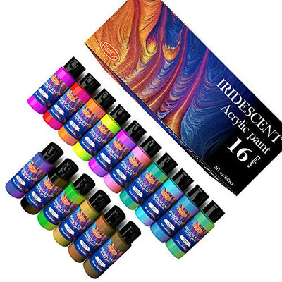 Iridescent Acrylic Paint, Set of 16 Chameleon Colors 60ml 2 OZ Bottles, High Viscosity Shimmer Paint, Non-Toxic and Fade-Resistant for Artists,