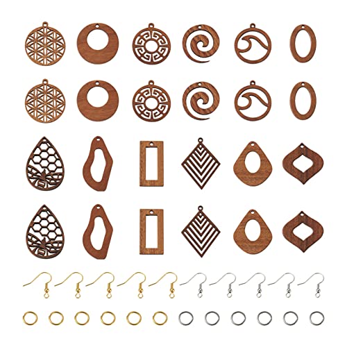 FASHEWELRY 24Pcs Natural Filigree Wood Earring Charms Blank Flat Round Teardrop Oval Walnut Wooden Pendants with 120pcs Earring Hooks Jump Rings for FASHEWELRY