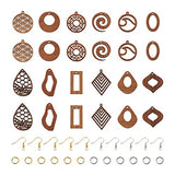 FASHEWELRY 24Pcs Natural Filigree Wood Earring Charms Blank Flat Round Teardrop Oval Walnut Wooden Pendants with 120pcs Earring Hooks Jump Rings for FASHEWELRY