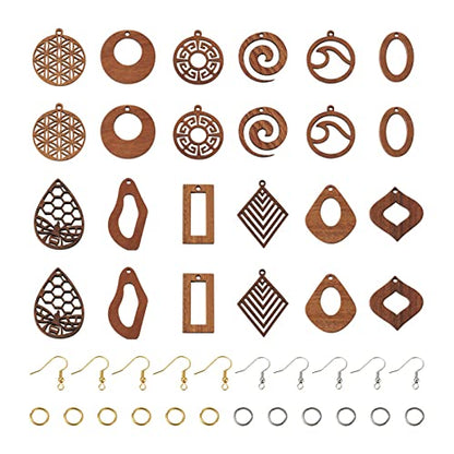 FASHEWELRY 24Pcs Natural Filigree Wood Earring Charms Blank Flat Round Teardrop Oval Walnut Wooden Pendants with 120pcs Earring Hooks Jump Rings for