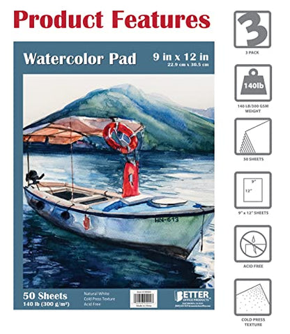 9" x 12" Watercolor Pad, 50 Extra Heavyweight Sheets, 140 lb/300gsm, by Better Office Products, Artist Gouache Book with Fold-Over Cover, Gum Bound - WoodArtSupply