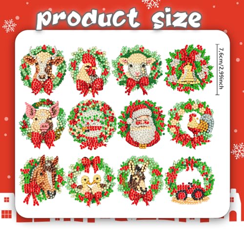 12 Pcs Christmas Diamond Painting Keychains Kit Double Sided DIY Cute Christmas Farm Animals Diamond Painting Keychains for Beginners Adults Art Demonwer
