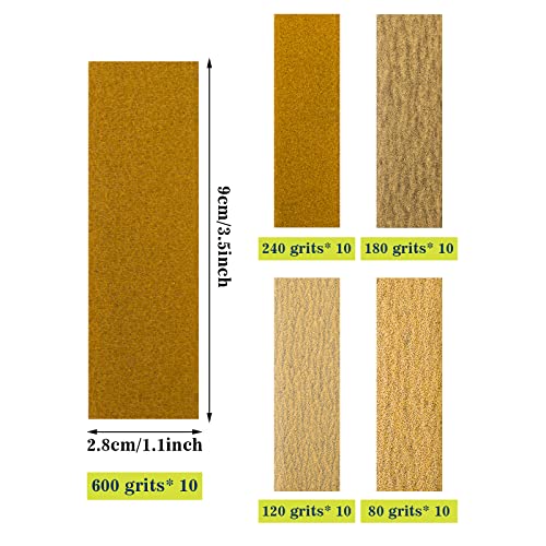 50 Pcs Sand Paper+Mini Sander Tool,80 to 400 Grit Sandpaper Sheets 3.5 x 1.1 Inch Handy Wet Dry Sandpaper,Finger Sander for Crafts Wood Furniture
