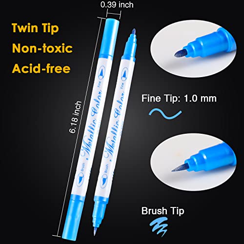 Sunshilor Dual Tip Metallic Marker Pens, Brush and Fine Point Pens for Black Paper, Rock Painting, Easter Egg, Halloween Pumpkin, Card Making, Metal, Sunshilor