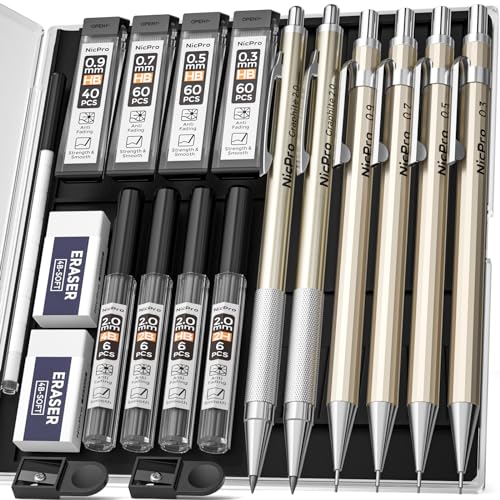 Nicpro 6 PCS Art Mechanical Pencils Set, Metal Artist Drafting Pencil 0.3 & 0.5 & 0.7 & 0.9 mm & 2 PCS 2mm Graphite Lead Holder(4B 2B HB 2H) For Nicpro