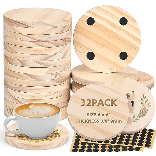 32Pcs Unfinished Wood Coasters, 4" Round Wooden Coasters with Non-Slip Dot Sticker for Drinks, 9mm Thick Blank Wood Coasters Bulk for DIY Crafts