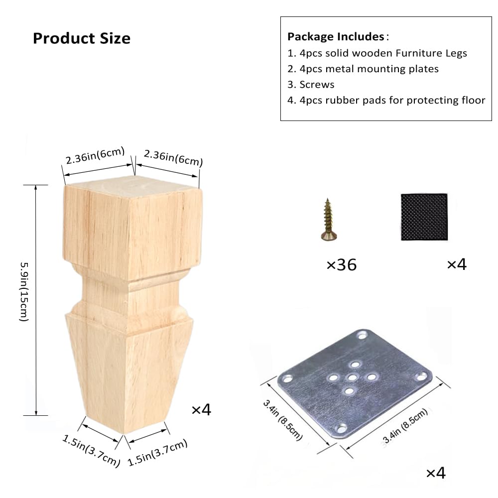 Aiminjey Wooden Furniture Legs, 6 Inch Solid Wood Unfinished Replacement Bun Feet Sofa Couch Chair Ottoman Loveseat Cabinet Legs Set of 4 (6inch- Aiminjey