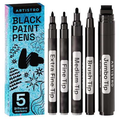 ARTISTRO 5 Black Markers Different Tips - Acrylic Markers with 15mm Jumbo, 0.7mm Extra Fine Tip, 1mm Fine Tip, 3mm Medium, Brush tip for Murals,