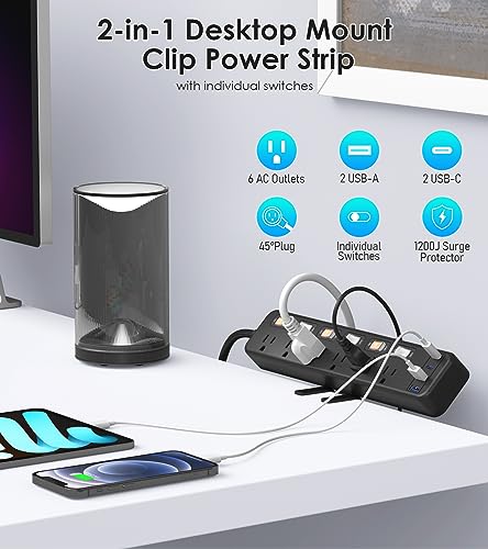 JUNNUJ Clamp Power Strip Standing Desk with 30W USB C, 2 in 1 Clip Desktop Surge Protector Edge Mount Outlet with 6 Individual Switches, Fit 2.6 inch JUNNUJ