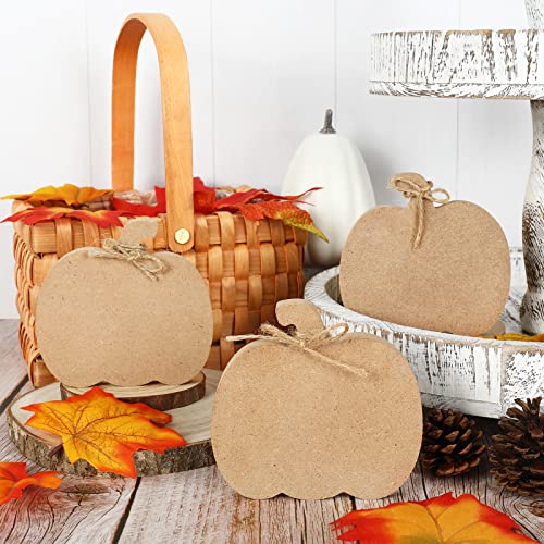 Whaline 6Pcs Fall Pumpkin Wooden Cutouts with Ropes Unfinished Pumpkin Shaped Table Wooden Signs for Fall Thanksgiving Halloween Tiered Tray Home