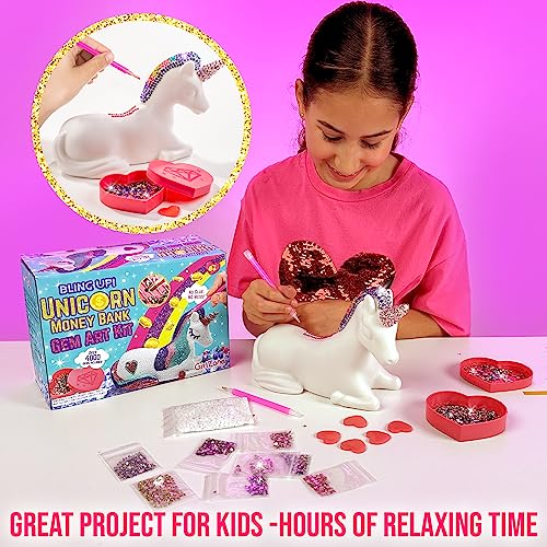GirlZone Bling Up Unicorn Money Bank Gem Art Kit, Create Diamond Art for Kids with Over 4000 Gems and 2 Stylus for Diamond Painting Kids, Creative GirlZone