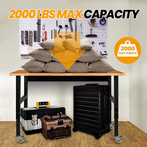 48" Adjustable Work Bench, Rubber Wood Top Heavy-Duty Workbench with Wheels, 2000 LBS Load Capacity Hardwood Worktable, for Garage, Workshop, Home, Polar Aurora