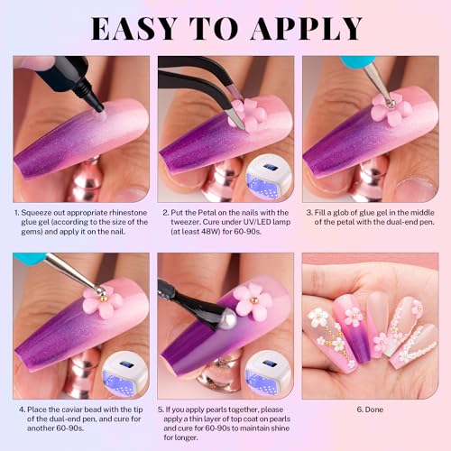 3D Nail Charms, Manicure Kit with Nail Rhinestone Glue Gel (UV Curing), Butterfly White Pink Flower Starry AB Gems Caviar Beads Half Round Pearl & BELLEBOOST