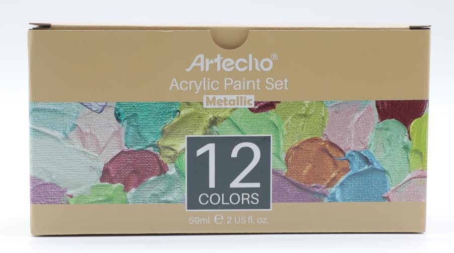 Artecho Metallic Acrylic Paint, 12 Colors Bottles (59ml / 2oz) Art Craft Paints for Canvas, Rock, Stone, Wood, Fabric, Art Supplies for Artists, - WoodArtSupply