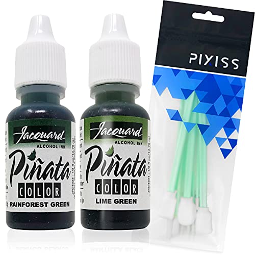 Jacquard Pinata Alcohol Inks Greens Bundle, Lime Green and Rainforest Green and 10x Pixiss Ink Blending Tools GrandProducts Art Bundles