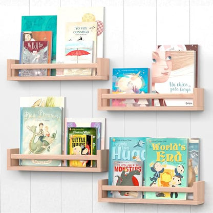CRAZYMOTO Floating Nursery Book Shelves for Wall Set of 4, Bookshelf for Kids Room, Small Wood Book Shelf Wall Mounted for Baby Teen Boys Girls