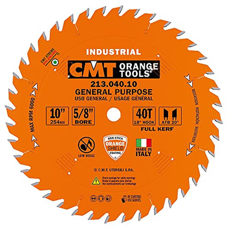 CMT 213.040.10 Industrial General Purpose Saw Blade, 10-Inch x 40 Teeth 20° ATB Grind with 5/8-Inch Bore, PTFE Coating CMT