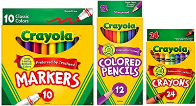 Crayola Classic Bundle: 3 Items - Crayons (24 Count), Broad Line Markers (10 Count), Colored Pencils (12 Count)