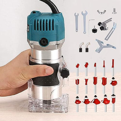 AKYPACH Wood Router Tool Electric Hand Trimmer Laminate Milling Engraving Hand Machine Joiner 110V 800W with 15pcs Trim Router Bits Slotting Carving