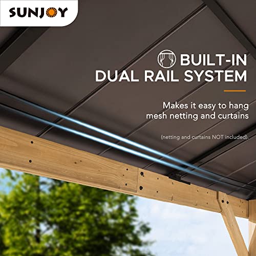 Sunjoy Hardtop Gazebo 13 x 15 ft. Standard Cedar Framed Wood Gazebo with Brown Steel and Polycarbonate Hip Roof Hardtop for Garden, Backyard Shade, Sunjoy