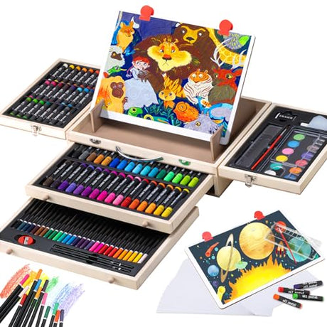 Art Supplies, Deluxe Kids Art Set with Drawing Easel, Crafts Kit in Portable Wooden Case, Oil Pastels, Colored Pencils, Watercolor Cakes, Sketch POPYOLA