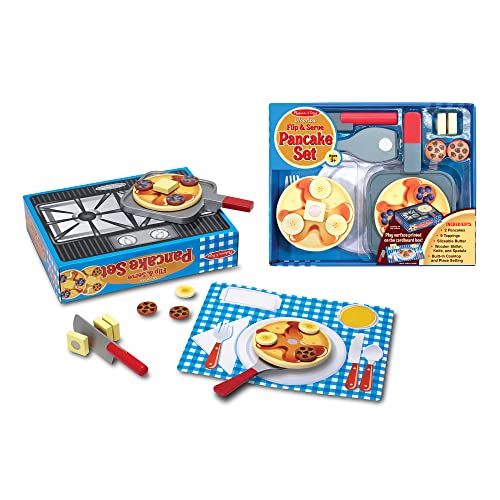 Melissa & Doug Flip and Serve Pancake Set (19 pcs) - Wooden Breakfast Play Food,Brown Melissa & Doug
