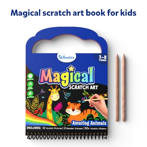 Skillmatics Magical Scratch Art Book for Kids - Animals, Craft Kits & Supplies, DIY Activity & Stickers, Gifts for Toddlers, Girls & Boys Ages 3, 4, Skillmatics