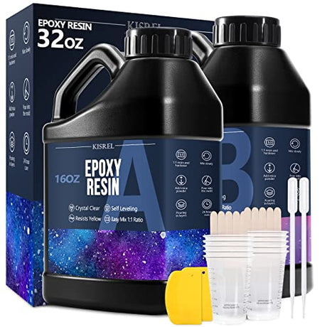 KISREL Epoxy Resin 32OZ - Crystal Clear Epoxy Resin Kit - No Yellowing No Bubble Art Resin Casting Resin for Art Crafts, Jewelry Making, Wood & Resin KISREL