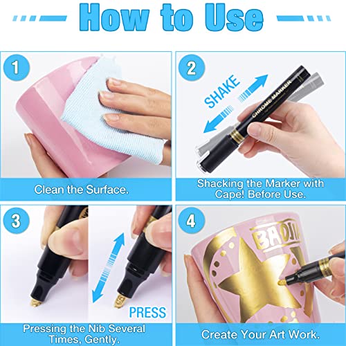 5 Liquid Gold Paint Pens for Art, Mirror Chrome Marker, Reflective Gloss Permanent Marker, Touch Up Repair Paint Pen for Model, Wood, Rock, Glass, DAPAWIN